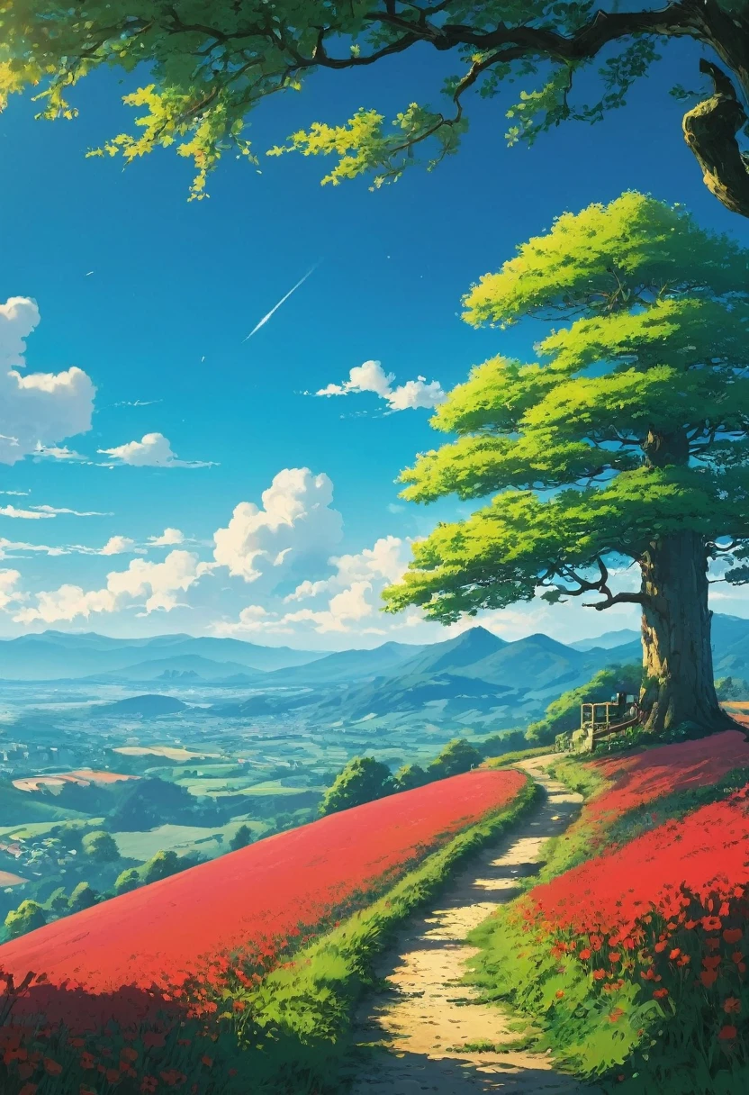 Stile Tintin Beautiful and serene anime landscape, un arbol         pradera     flores rojas         altas         hierbas           anime landscape wallpapers, beautiful anime peace scene, beautiful anime landscape, sky anime anime. by makoto shinkai, Rhads and Lois Van Baarle, makoto shinkai cyril rolando, anime background art, 4k anime art wallpaper, clear sky 8khdr