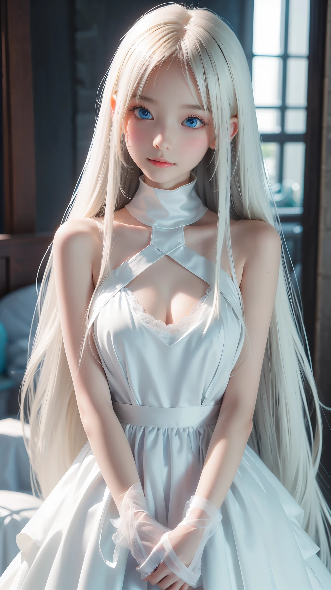 Top Quality, SLR, Single Girl, White Bodysuit, Perfect Figure, Lolly Figure, Little Girl, Big 1.5, Cute, Body Line, White Hair, View Viewer, Standing
