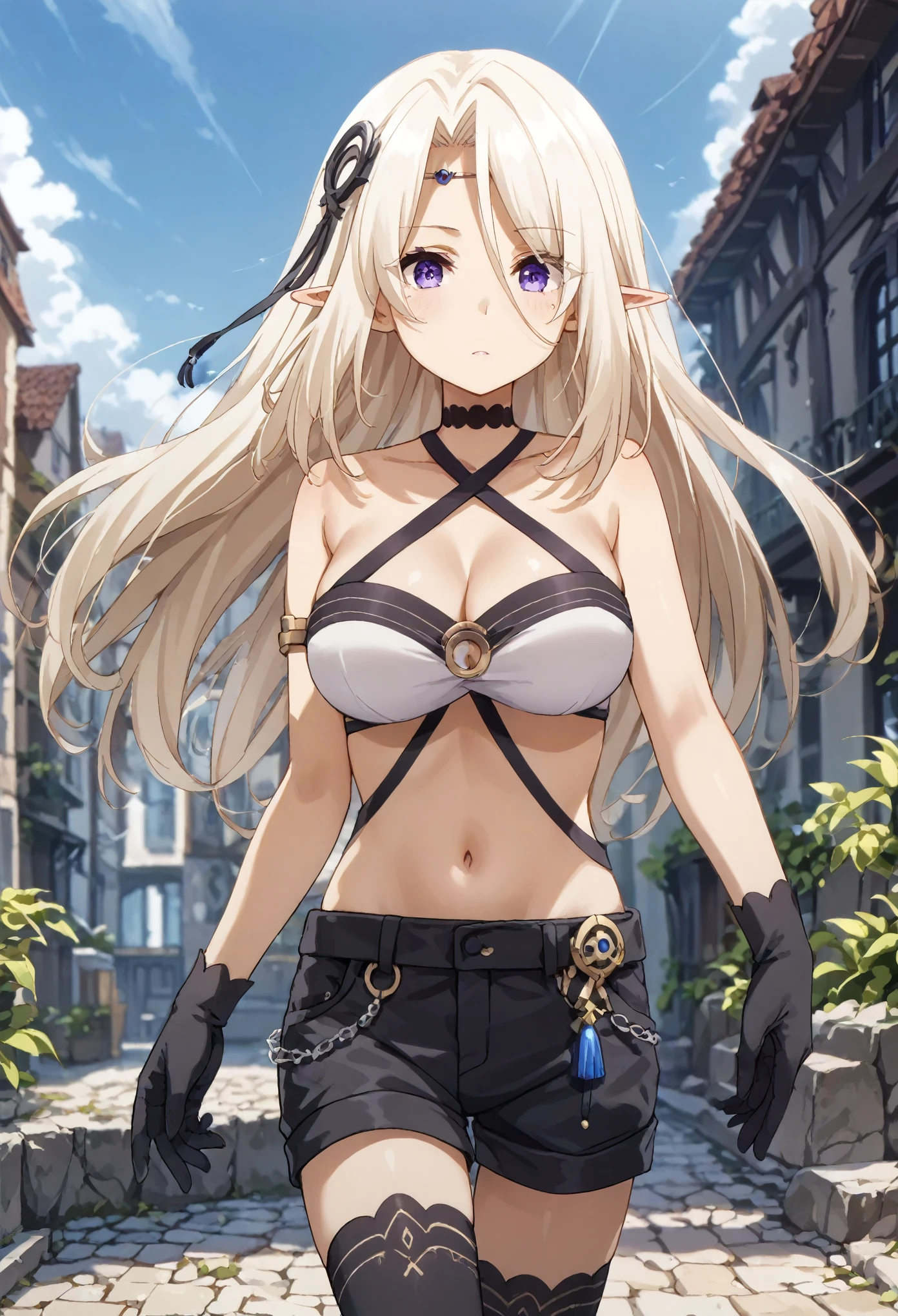 beatrix, long hair, bangs, purple eyes, white hair, pointy ears, elf, sheath, eyes visible through hair, hair ornament, thighhighs, gloves, navel, shorts, choker, black gloves, short shorts, black shorts, cleavage, bare shoulders, halterneck, criss-cross halter,
