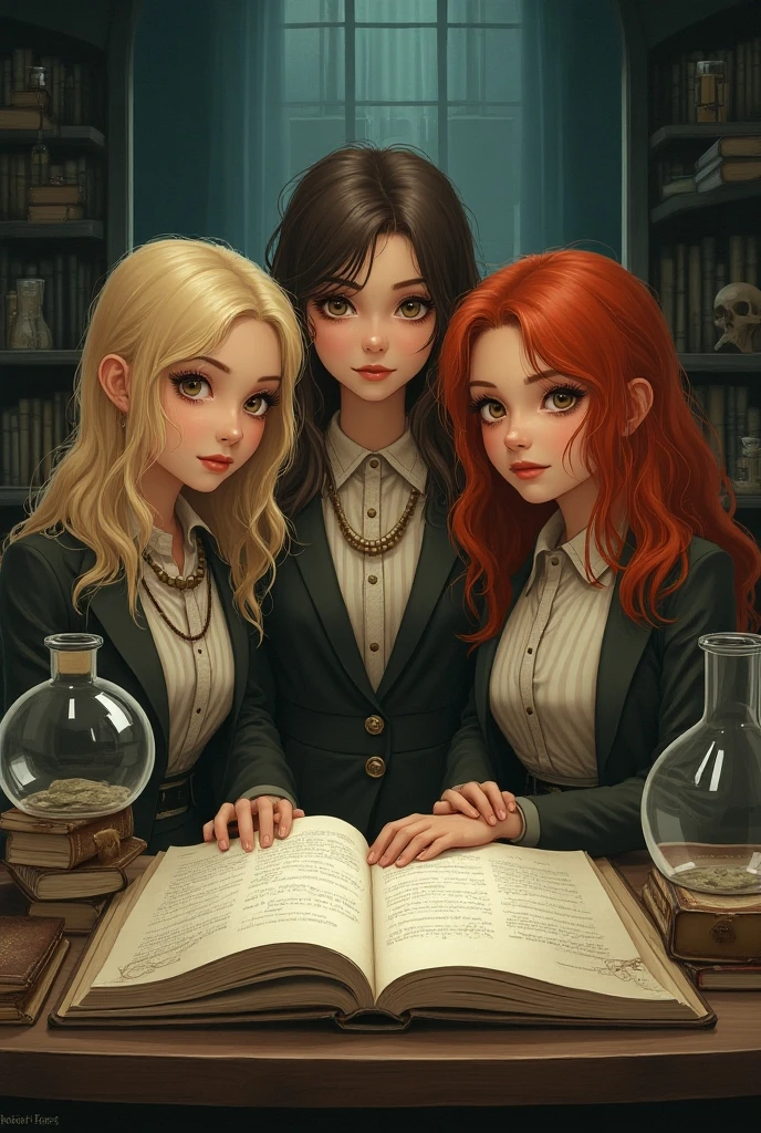 Five young girls in a dimly lit basement, glowing pentagram on the floor, scattered candles, old spell book. Natalia, the Succubus, dark flowing hair, crimson eyes, bat-like wings, alluring and menacing. Jasmine, olive skin, long wavy black hair, brown eyes, confident, medium chest. Beatrice, long brown hair, glasses, massive breasts, anxious, bookworm. Claire, short black hair, blue eyes, athletic, toned body, , tomboy. Madison, straight blonde hair, green eyes, tall model figure, fashionable, smug. Ellie, straight blonde hair, green eyes, tall model figure, excited, eccentric. United yet distinct, tension and revelation.