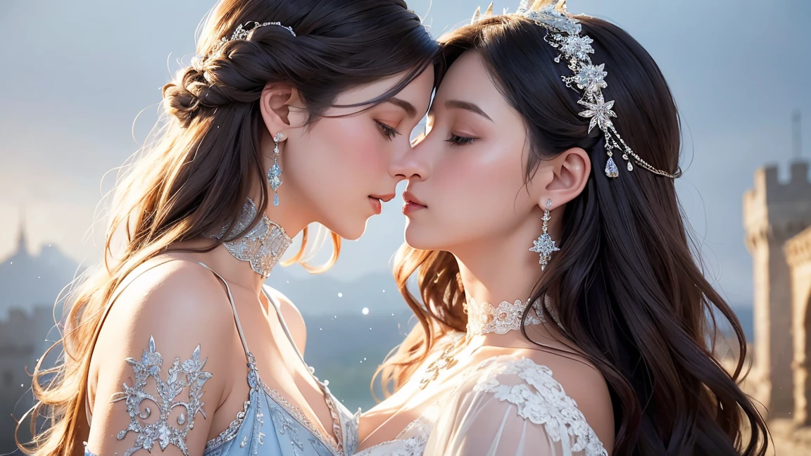 (masterpiece, highest quality, official art, beauty and aesthetic), two stunning bride is deeply in love with each other, kiss, mystical ambiance