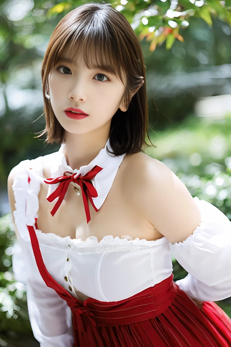 ((nsfw)), sexy stylish Thai model, only 1 female, ((doll-like appearance)), short bright red stylish hair, ((shiny Victorian-Style boots)), (big smile), ultra detailed eyes, vivid eye makeup, lipgloss, long lashes, defined eyebrows, (small naked breasts), ((sexy Paradise Kiss cosplay)), (naked aroused open pussy), bell-shaped skirt, petticoats, high neckline, puffed sleeves, ((ultra detailed lace)), ((ultra detailed embroidery)), intricate details, Paradise Kiss accessoires and matching headpiece, choker, ((large sparkling Paradise Kiss jewelry)), cinematic light, detailed large park background with trees 