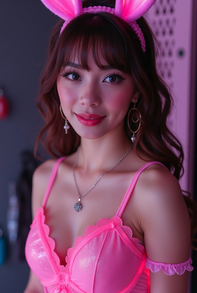 (8k, RAW Photos, Highest quality, masterpiece: 1.2), (Very detailed), (Super Resolution), (Genuine, Genuine photos: 1.37)、(Portraiture), (High-quality RAW color photos)、 (Professional photos).( Very detailed and beautiful new),(Very detailed), (8k wallpaper),(Amazing details),(Large file size),(Official Art,),(Very detailed),(8k wallpaper), (Very detailed beautiful girls),(Very detailed facesHighly detailed eyes),(Very fine skin),(Very detailed fingers,),(Very small nose),(Very detailed detailed mouth),(Perfect Anatomy),(Detailed Background),(High Quality Clothing),(23 years old),(cute girl), (Genuineistic body),(White skin),(Glowing Skin), (Blunt bangs:), (smile),(cute),(cute face),(Genuineistic face), (Delicate eyes),(Saggy eyes), (Bunny Girl Costume)、(Fishnet tights)、necklace、Earrings、Looking into the camera, Dynamic Lighting, G-cup breasts,Big Breasts、(Locker Room Background)、(dynamic stylish pose)、(Cleavage)、(Thin legs)、(delicate, Plump and moisturized lips)、(Light-up LEDビキニ, Clear sandals, Neon Accessories. Glitter makeup、Glow in the dark event)