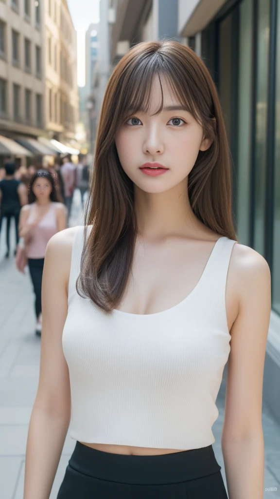 (best quality, 8k, 32k, masterpiece, UHD:1.2), ultra high resolution, (pretty a Korean early girl), portrait, semi long brown hair, bangs, large breasts, cleavage, crowded city boulevard on a bright sunny day