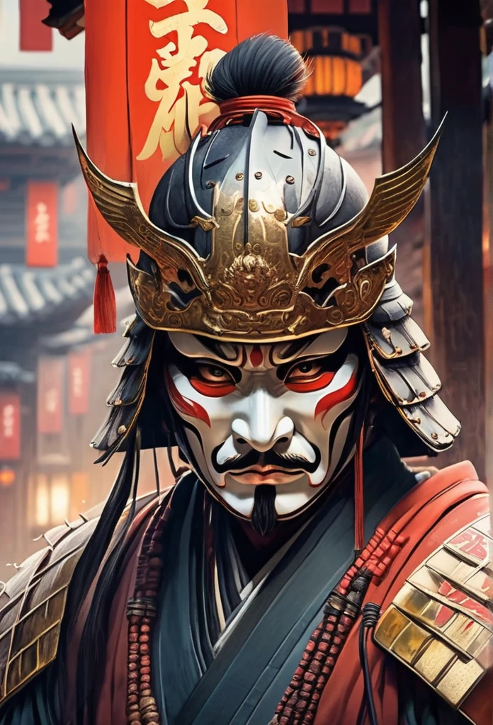 A portrait of a distinguished Japanese warlord from the 16th century, wearing a traditional samurai helmet (kabuto) with a golden crest. His face is characterized by sharp features and a slight smile, conveying wisdom and authority, without a mustache. The background features a muted, traditional Japanese setting."