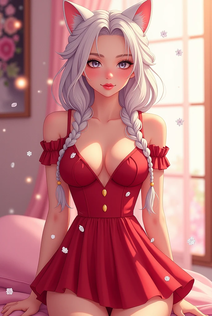(masterpiece, Best Quality), intricate details, realist, photorealist, Full Body Portrait, Instagram Photo of a woman wearing aretes, Mary R., inspired by Emma Andijewska, wrapped in crystals,(masterpiece:1.3), (Best Quality:1.3), (Ultra-detailed:1.2), ((kawaii)), Cute, (lovely), ((sexy)), ((Extremely detailed)), 4K, (8K), Best Quality, (Beautiful), Illustration, anime style, (bold line:1.2), Gradation,(best quality, ultra-detailed, photorealistic: 1.39), bright and vibrant colors, studio lighting, (Perfect eyes:1.2), (Perfect iris:1.2), romantic kawaii expression, cute delicate smile, kawaii makeup, -yeld e-l, short red dress, platinum braided and curl white hair, cat ears, big breasts, fit, long wavy hair, mercenary, Mary R.