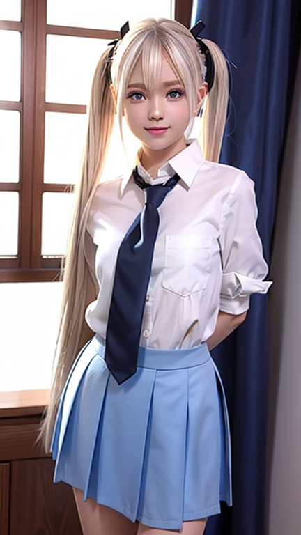 marie rose,
bright and shiny platinum hair,straight long hair,long blunt bangs,silky pigtails,
detailed brown eyebrows,big detailed light blue eyes,small nose, slim pink lips,
small petite body,very thin complexion,very young tween,
masterpiece,best quality,HDR, 
dressing school uniform, white blouse, blue tie and skirt,
smiling, boutique windows background,