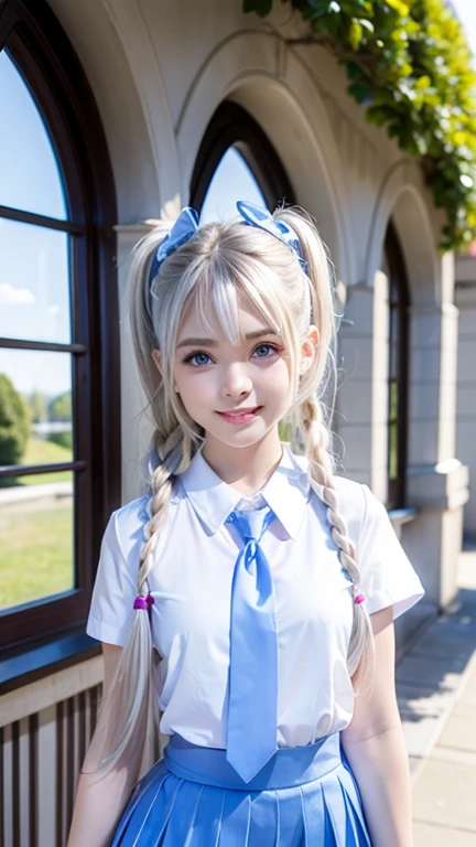 marie rose,
bright and shiny platinum hair,straight long hair,long blunt bangs,silky pigtails,
detailed brown eyebrows,big detailed light blue eyes,small nose, slim pink lips,
small ite body,very thin complexion,very young twee
masterpiece,best quality,HDR, 
dressing school uniform, white blouse, blue tie and skirt,
smiling, boutique windows background,