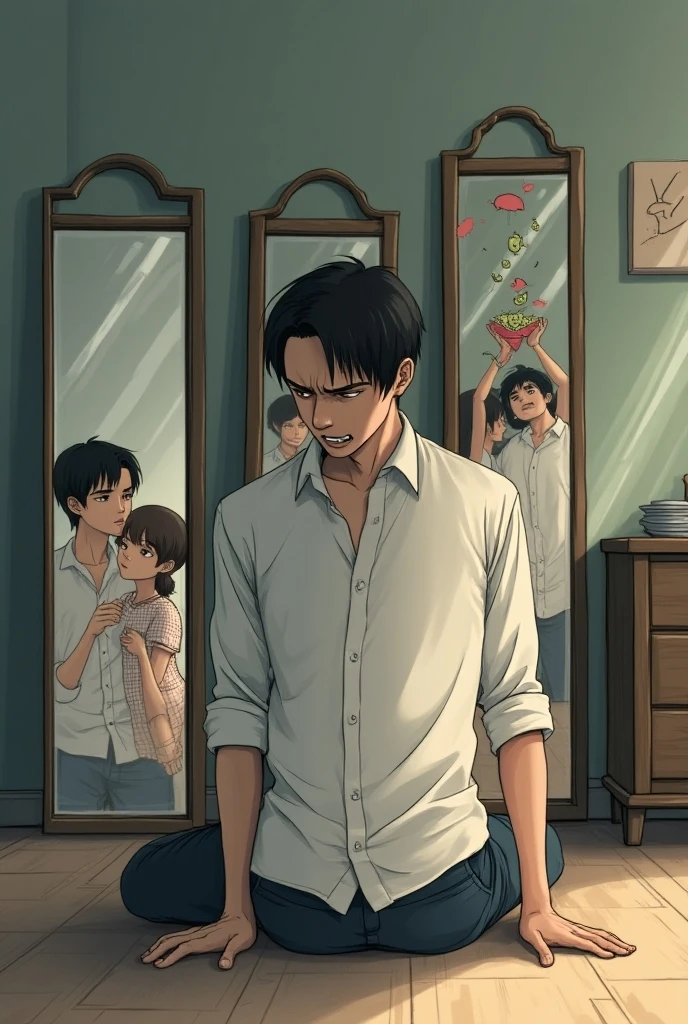 best quality, masterpiece, (realistic: 1.2), 1 man, Eren Jaeger, real life, live action, black jeans, black pants, brown hair, attack on Titan, long hair, crying, abs, muscles, shirtless, sunset background, looking at the mirror, black jacket, fitness, fit body, slim body, high definition, high quality, gigachad