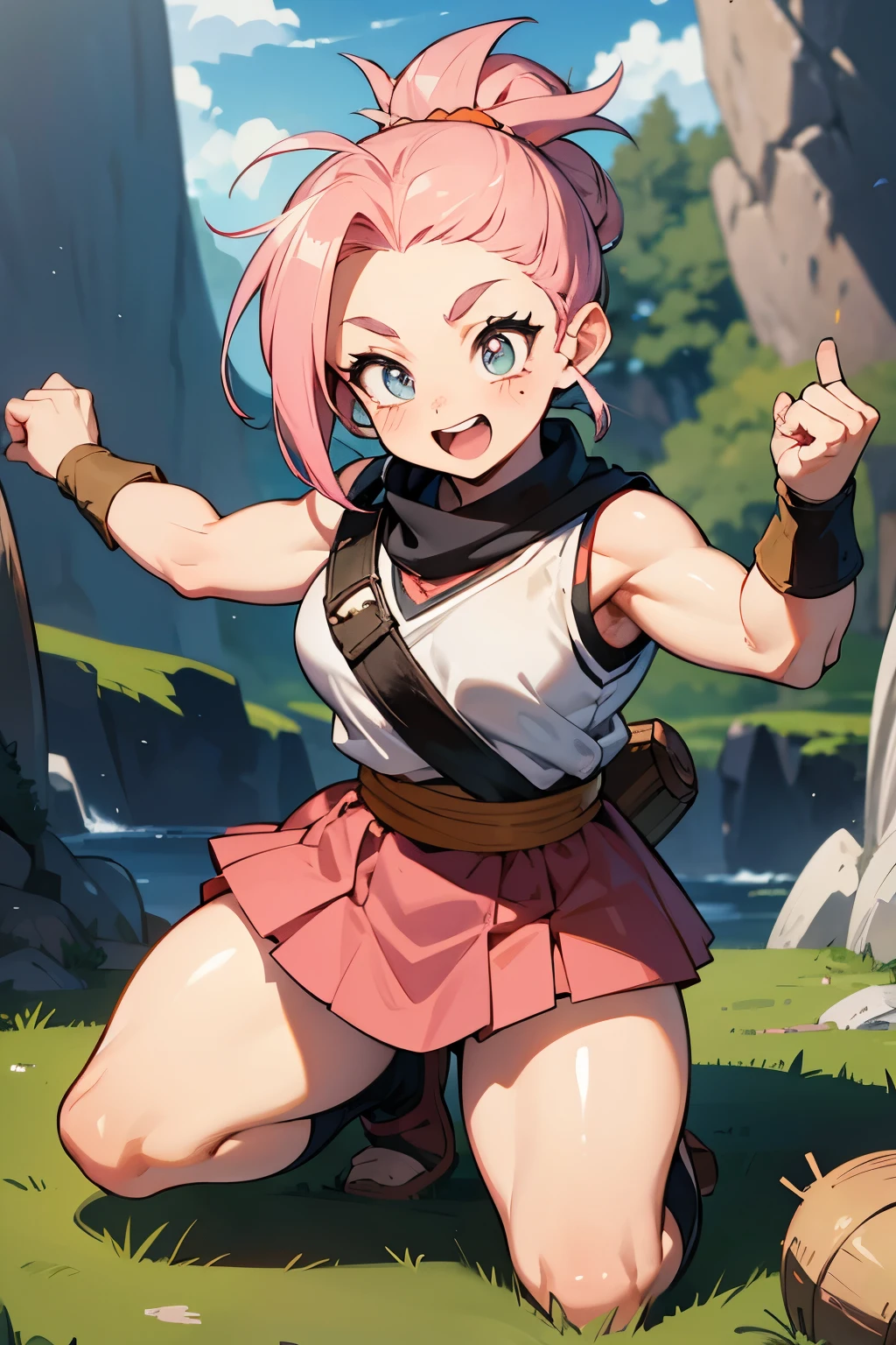 beautiful dwarf girl, solo female, dwarf DND female, freckles, pink hair, top knot, hazel eyes, muscled, athletic,  sexy armor, short stature, wide shoulders, cute skirt, short woman, smile, adventurer gear, fighter, muscled abdomen, muscled biceps , happy expression, masterpiece, action pose, highest detail, anime, dragon ball style.