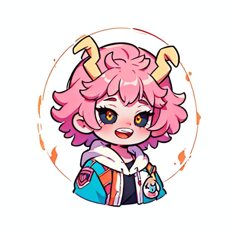 mina ashido, pink hair, 1girl, short hair, uhd, 4k, face detail, eyes detail, only_head, head_only, white background, solo, happy face expression, kawaii, chibi, upper body, circle frame, smiling , open mouth, vivid colors,