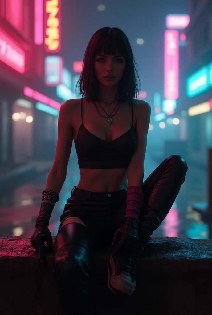 (Best quality, Ultra detailed, Neon ratio, Masterpiece:1.2), Cinematic lighting:0.7, Photo of a retro futuristic mercenary woman, Retrofuturism dressed with emo mini skirt (intricate futuristc acessories ). Her vibrant makeup tell of a itimate vibe of Cyberpunk 2077, Perfect rare face, (Highly detailed skin), randomly dyed hair with cute punk hair clipes, Hide your mouth with your hands、Wet, tattooed skin texture, Pale skin, shiny skin, (thin, large size:1.2), [:(Sharp focus on rare face, perfect eyes:1.2):0.2], photorealistic, film grain, Put one foot forward、from below looking up、look at camera、Emphasize the shoulders with holster, scabbard, tactical knife, Focus on face、Stockings,Hoilographic VR Glasses、Smile with corners of mouth raised、disdainful expression,muted colors,photographed at night neon purple lights, instagram, backlit, outer space, retro, retro tech, atari, commodore, space invaders, cyberpunk Retrofuturism panties, very small panty, 80's perm, fog, foggy, misty, (80's house), muted warm colors, Photo cinematic portrait of a woman dressed in a striped dress sitting by the window in the neon night lights, cinematic, (tilted:1.3) (on an suburban metro Retrofuturistic) look cautious, standing under a spotlight, volumetric dust clouds, key light, backlight, soft natural neon lighting, photography Film grain ISO 800 30 mm lens RAW f2.8 aperture, highly detailed (analog photography:1), colors hdr