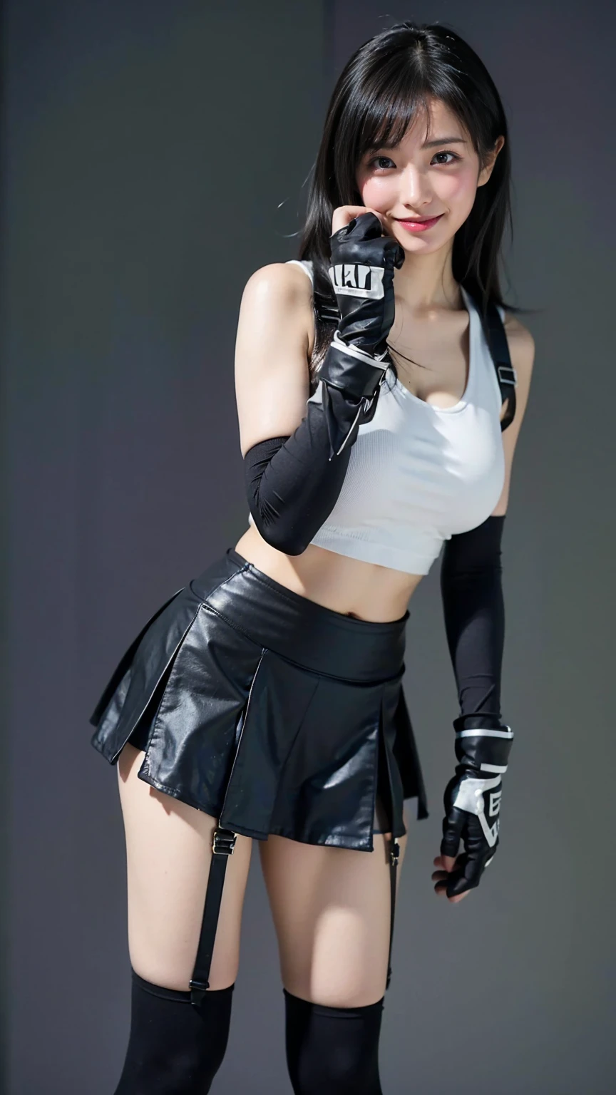 (8K、RAW Photos、Highest quality、masterpiece:1.2)、(Realistic、Realistic)、1 Girl、((White tank top、Arm Covers、gloves、Knee socks、garter belt、boots、Black mini skirt、belly button、underground warehouse、Stand with hands on hips))、