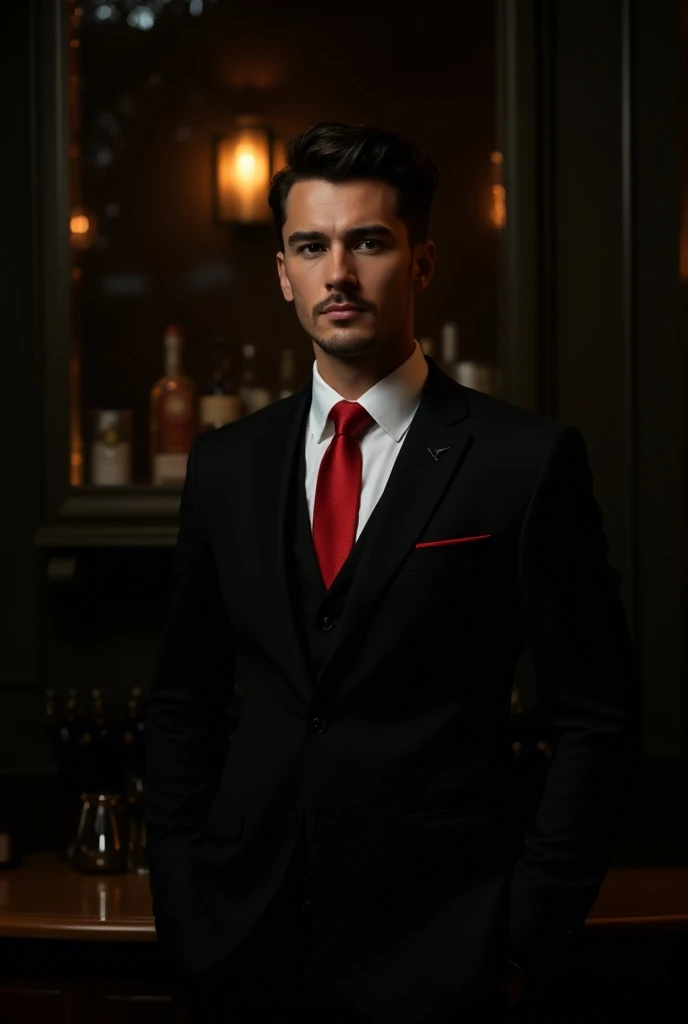 Photograph showing a man in a black suit and red tie holding a glass of whiskey, inspired by harvey specter