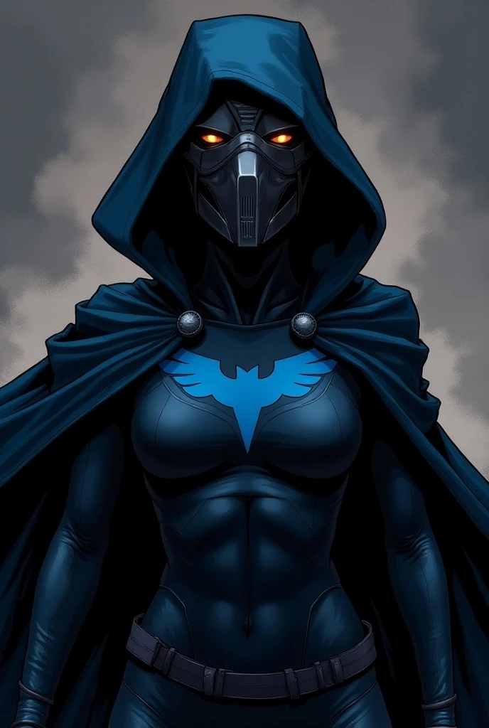 (Female (woman), (cowboy shot), sfw, (masterpiece), (best quality:1.0), (ultra highres:1.0), (detailed eyes), (scenic shot BREAK RavenTT), (dynamic pose navy-blue cloak), brooch, leotard, (belt BREAK abstract raven\(bird\)), (gorgeous view), (((night))) 4k)