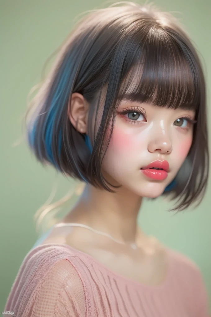 ((Extremely realistic)), ( super real), generate a highly realistic image, white backdrop,,15-year-old female,毛先ピンク色のshort bob black hair,  straight hair, I'm hiding my forehead with bangs,blue eyes,Long False Eyelashes,side view,Thick lips, Open the center of your lips、extremely detailed lips, large mouth, full, plump, Lip balm for shiny, glossy lips、Pale pink lips , transparent lip gloss,  skin texture so clear that you can see the lines of blood vessels under the skin、downy hair 、off shoulder tube top, Narrow waist ,Very thin and slender body, 