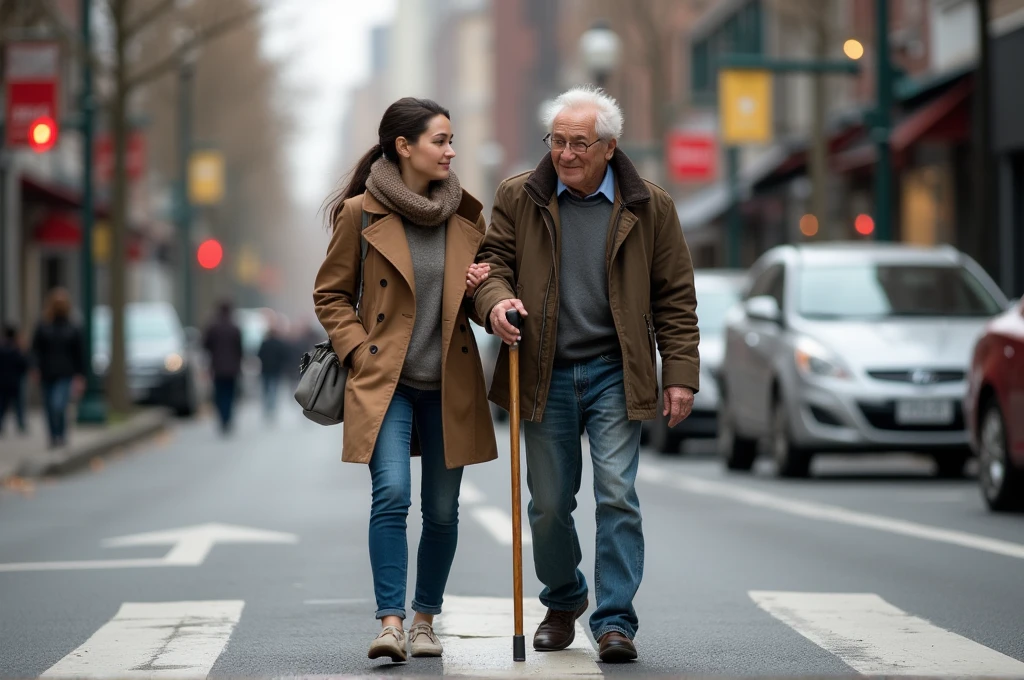 1girl, 1 old man, a 23 years old tall brunette slim girl is a slave to an old man, she's walking like a god, she's crying she's naked, the old man controls her with a dog leash, street, near to a trashcan