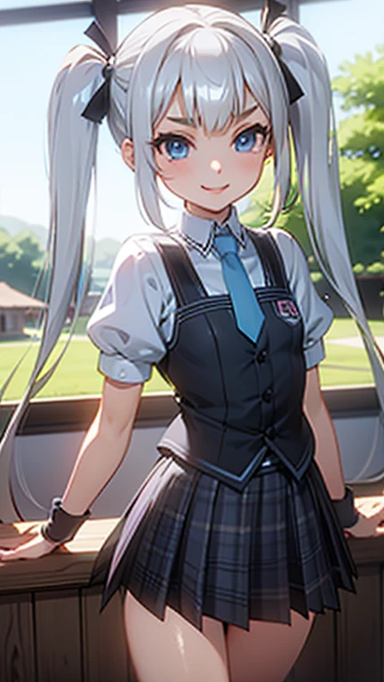 marie rose,
bright and shiny platinum hair,straight long hair,long blunt bangs,silky pigtails,
detailed brown eyebrows,big detailed light blue eyes,small nose, slim pink lips,
small petite body,very thin complexion,very young tween,
masterpiece,best quality,HDR, 
dressing school uniform, white blouse, blue tie and skirt,
smiling, boutique windows background,