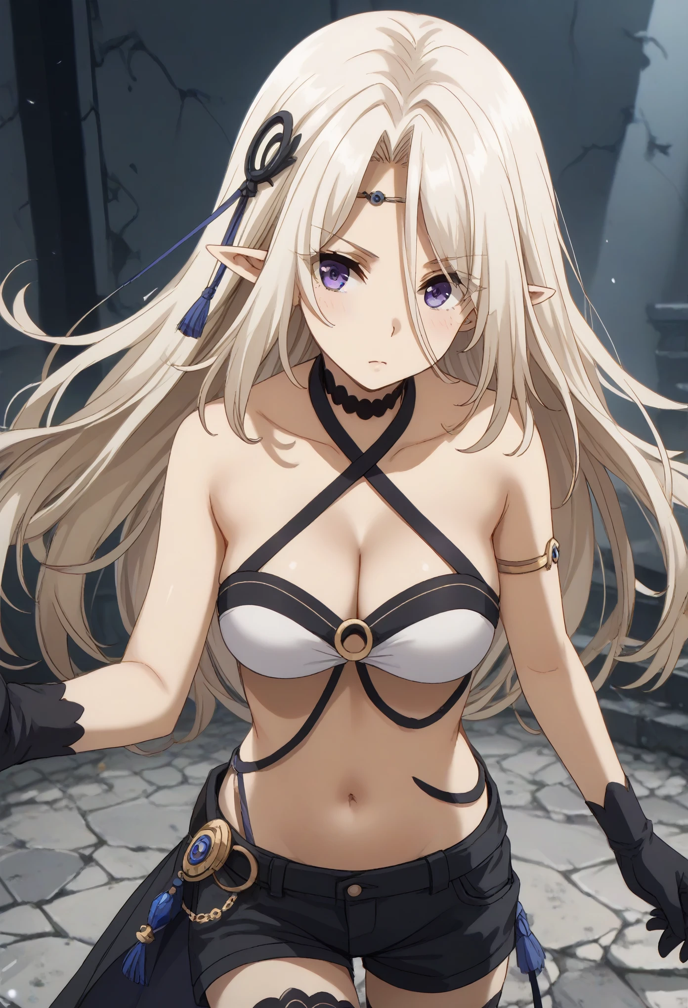 beatrix, long hair, bangs, purple eyes, white hair, pointy ears, elf, sheath, eyes visible through hair, hair ornament, thighhighs, gloves, navel, shorts, choker, black gloves, short shorts, black shorts, cleavage, bare shoulders, halterneck, criss-cross halter,
