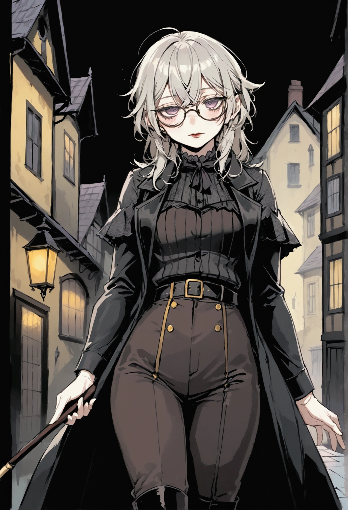 (ultra details, Masterpiece, best quality), ((masterpiece, best quality)), (illustration), ((Extremely exquisite and beautiful)), score_9, score_8_up, score_7_up, uncensored femboy, white hair, messy hair, shoulder length hair, pale skin, purple eyes, seductive expression, round glasses, vintage clothes (ultra details, Masterpiece, best quality), ((black overcoat with fur black collar)), ((black overcoat)), ((black fur collar)), purple scarf tied in a reverse drape, tight black pants, elegant black boots, knee-high boots, holding a cane, gothic horror, horror, bloodborne, character design, character sheet
