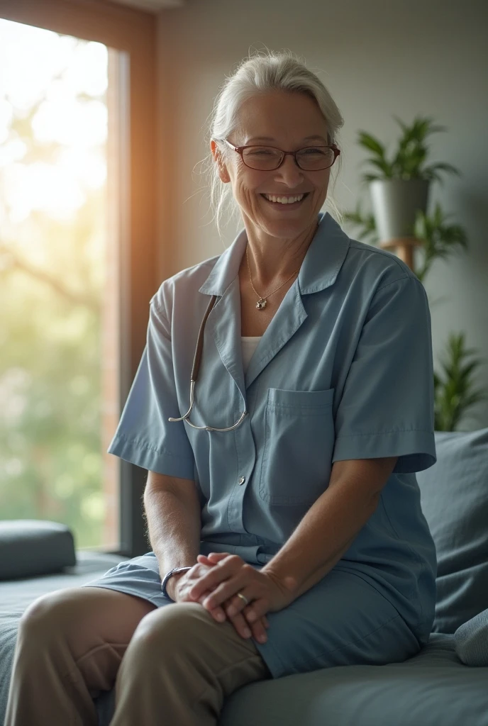 there is a woman with short blond hair combed to the side in hospital scrubs, without lipstick, 50 ans, lying in a hospital bed in a hospital ward, 50 ans, femme de 50 ans, she is about 50 ans, prise au début des années 2021, aged 50, lips smiling, tenant un carnet en main , regardant dans la caméra,Realistic photo