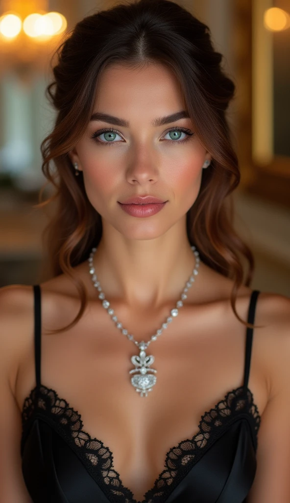 One Woman、beautiful、Perfect looks、Pale turquoise eyes:1.3、Small breasts、Perfect balance、Black Silk Dress,simple diamond necklace、(((Blurred Background)))、Luxury palace,Sparkling Room、(Please redeem: 1.1), (Realistic: 1.1), (photograph: 1.1), (Very detailed: 1.1), Mary D.