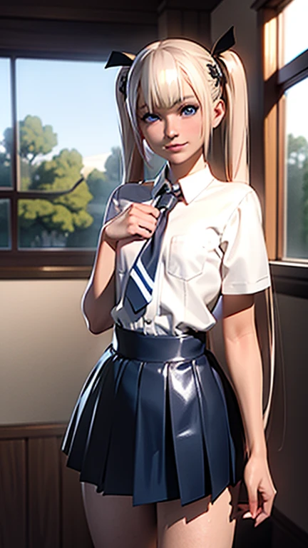 marie rose,
bright and shiny platinum hair,straight long hair,long blunt bangs,silky pigtails,
detailed brown eyebrows,big detailed light blue eyes,small nose, slim pink lips,
small petite body,very thin complexion,very young tween,
masterpiece,best quality,HDR, 
dressing school uniform, white blouse, blue tie and skirt,
smiling, boutique windows background,