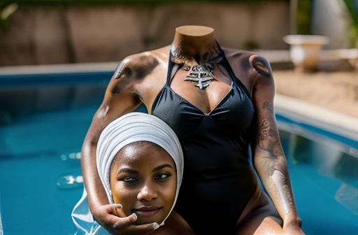 young black Brazilian woman , sitting, (headless,   holding a severed head in her hand ), (realistic), realistic hands,   extremely detailed  , (best image, Melhor qualidade:1.5)( wearing a one-piece swimsuit in white  ),(   body tattoos that refer to knowledge and longevity) 
