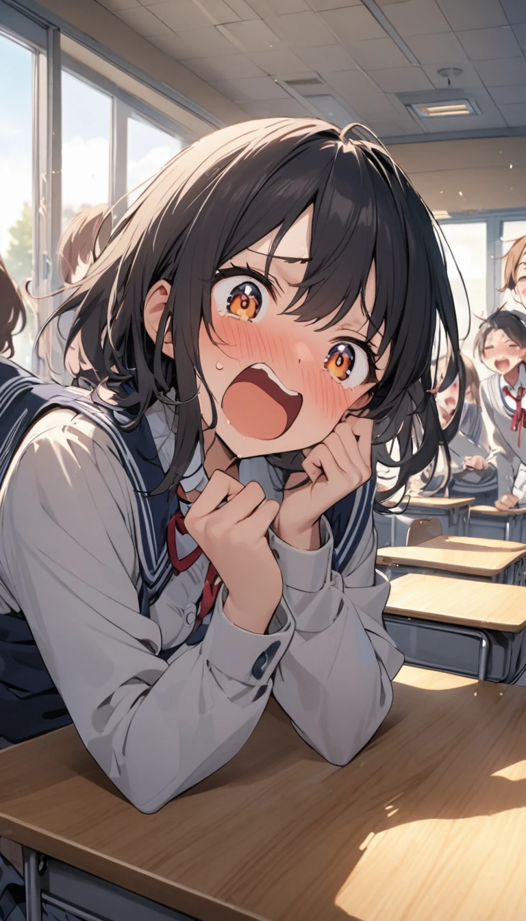 masterpiece, highest quality, (Super detailed), 1girl, pov, cupping hands, open mouth, teeth, uvula,lower teeth, upper teeth, realistic teeth,( close-up:1.2),,looking at viewer,frown,closed eye,cum on face,indoor,crying,,mitsuki_nase,long hair,black hair,serafuku,red eyes,