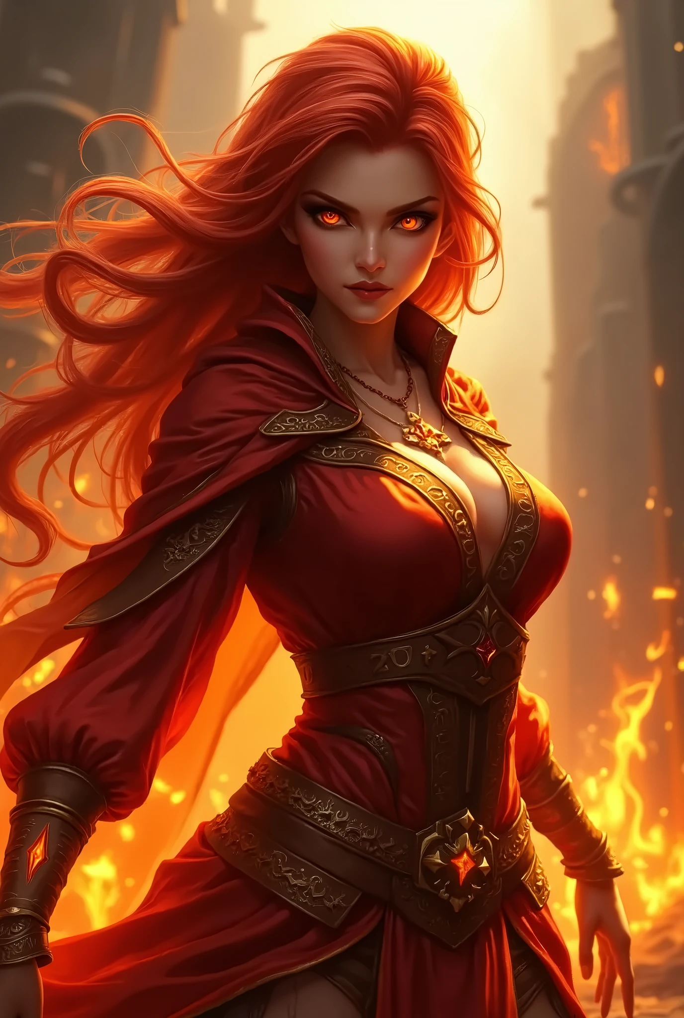 A highly realistic depiction of a fire elf with a striking red appearance. Her entire body is a deep, fiery red, including her glowing red eyes and flowing red hair that resembles flames. Intricate, glowing runes are etched into her skin, radiating a warm light. She is dressed in a detailed, red elven explorer outfit made of leather and fabric, designed for both agility and protection. The outfit features elaborate patterns and magical symbols, highlighting her mystical nature. The setting is subtly illuminated by embers, with warm, realistic lighting accentuating her powerful and otherworldly presence.