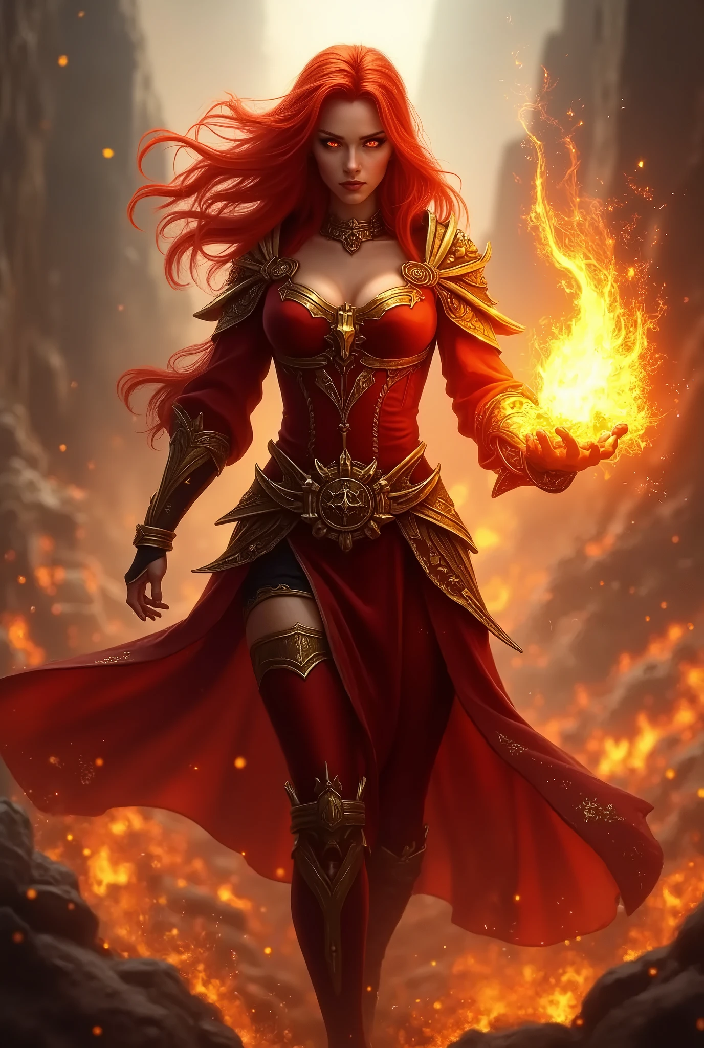(masuter piece:1.3)、(8K、Photorealsitic、Raw photography、top-quality: 1.4)、超A high resolution、A hyper-realistic、high-detail、Fire Fairy、Ifrit、Red and translucent whole body、volcanoes in the background、The Monster、Red face、floating、are flying、Wearing flames、burning、Frame Dresses、Fire Spirit