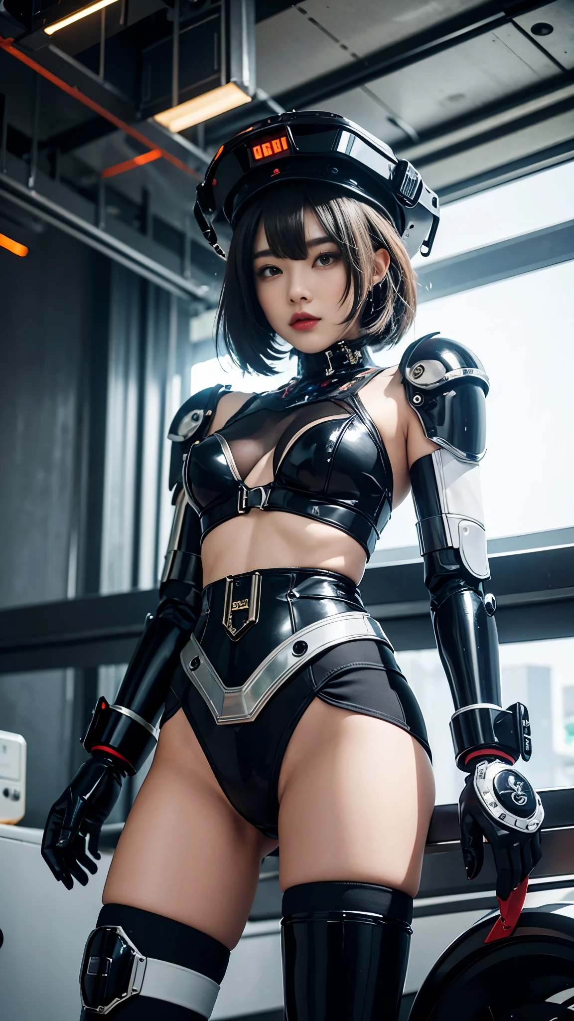 high quality, realistic masterpiece, girl laying down on bed with legs tied and wrists bound, Beautiful skinny girl with cute face showing legs, innocent and playful eyes, Wearing neon futuristic robotic tactical shear armor cyberpunk suit with cutouts, abs, Famous actresses of Japan, beautiful face, bdsm, tied up, cyberpunk, tattoo, skirt, dress