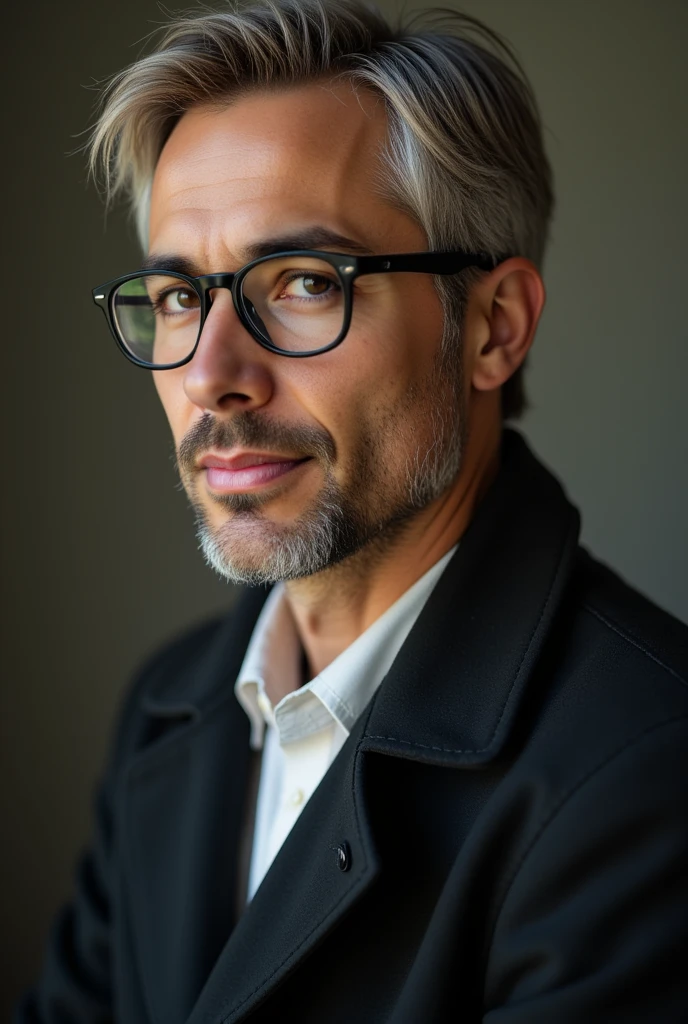 The tenth  ( close-up face ), 1 man, 35 anS,(poilS noirS), homme portant deS lunetteS, groS plan viSage, profile picture,S&#39;habille danS un Style formel et Sobre, une veSte noire,chemiSe blanche, un look profeSSionnel,cheveux blancS cendréS,  silver color , regard fatigue,