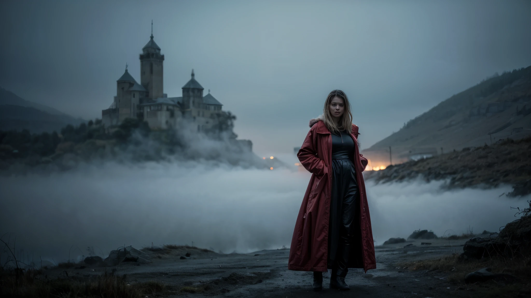 (YES SFW), A genuine woman. [The character is surrounded by mist, evoking a mysterious and eerie atmosphere. The lighting is dark and atmospheric, with a red smoke adding a touch of sinister ambiance. The image is of the best quality, with a resolution of 4k and HDR enhancement, showcasing the utmost level of detail and realism, sfw, full body shot.]