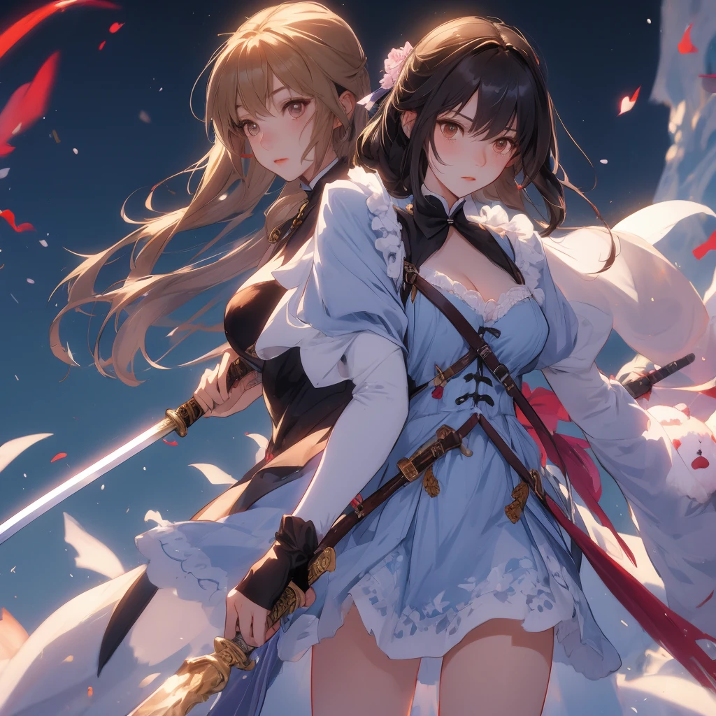 Full body shot from head to feet, two adult female character from Dead or Alive. A thrilling and intense masterpiece depicting a deadly duel between Kokoro versus Hitomi, both expert swordswomen, with the fight reaching a climactic moment of truth. The dynamic action capture the moment as Hitomi takes a lethal blow and succumbs to her injuries, leaving Kokoro as the sole victor in this high-stakes battle. Kokoro have long loose hair. Hitomi have long loose hair. Kokoro wear traditional sleeveless kimono, obi tied on the back hip, black long gloves, medium skirt, and black thigh highs. Hitomi wear traditional sleeveless kimono, obi tied on the back hip, black long gloves, medium skirt, and black thigh highs. Background set on lush forest, with no effect.