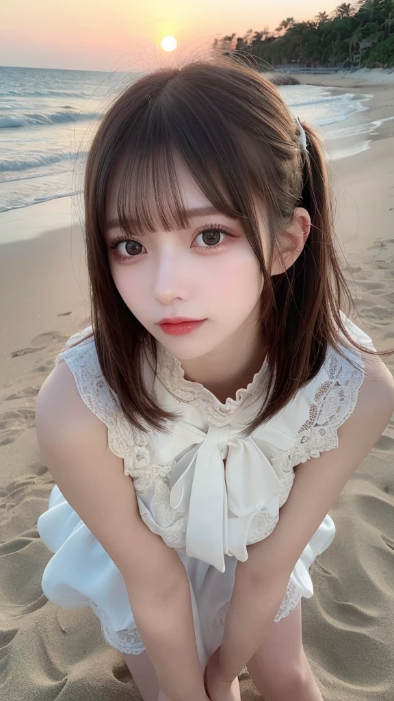 masutepiece, Best Quality, Illustration, Ultra-detailed, finely detail, hight resolution, 8K Wallpaper, Perfect dynamic composition, Beautiful detailed eyes, Wear a dress, Natural Color Lip,Beach, Random and cute poses, flowing bangs, Sunset，small tits，beauty legs,KPOP Idol Face,Perfect and beautiful face,Cute