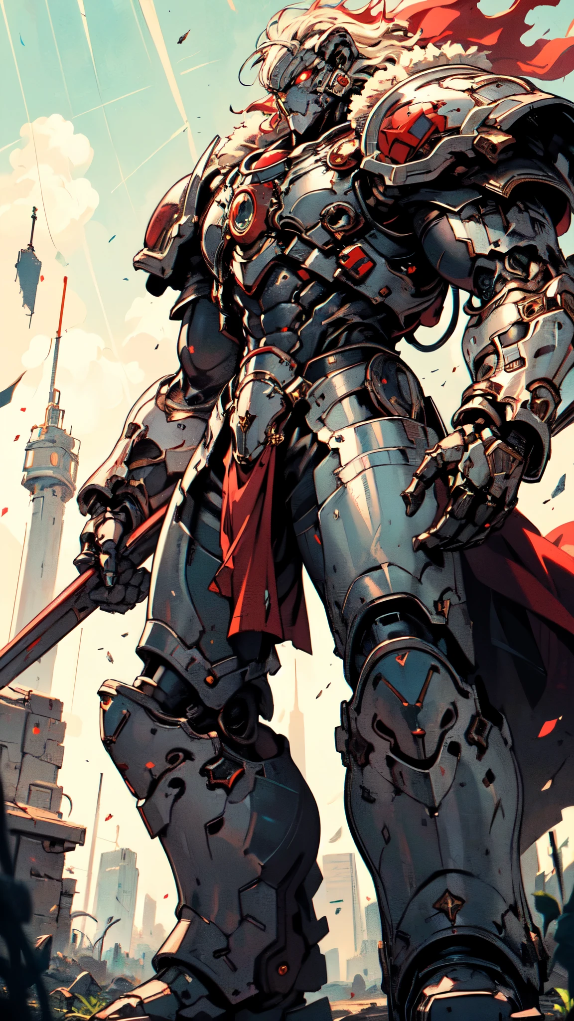 (masterpiece:1.5, best quality:1.5, extremely delicate:1.5, foreshortening:1.5, dynamic angle:1.5), ((male:1.5)), Biomimetic humanoid Mecha, green eyes, fully enclosed shoulder guards, matching arm and leg guards, gemstone, full body, full armor, the design balances heavy with agility, organic biotech armor, (the color scheme is primarily White with Blue and Red accents, concept Inspired by Lion, glowing eyes, the armor glows), standing, floating high above the futuristic sci-fi city, exquisite and mature art style, metallic, dramatic, high definition, highres, ultra-detailed, ultra-fine painting, professional, anatomically correct, symmetrical face, extremely detailed eyes and face, high quality eyes, creativity, RAW photo, UHD, 32k, Natural light, cinematic lighting, (masterpiece-anatomy-perfect:1.2)