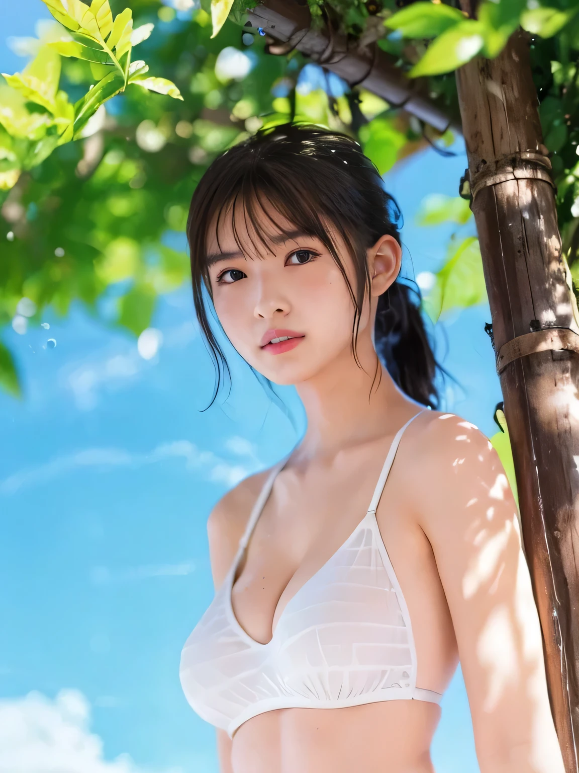 1girl, white micro bikini,blue sky, sun, summer,wet, straight black hair,small breasts,cleavage,masterpiece, best quality, extremely detailed, (illustration), Raw photo, absurdres,  ultra high res, realistic, film grain, water,sad