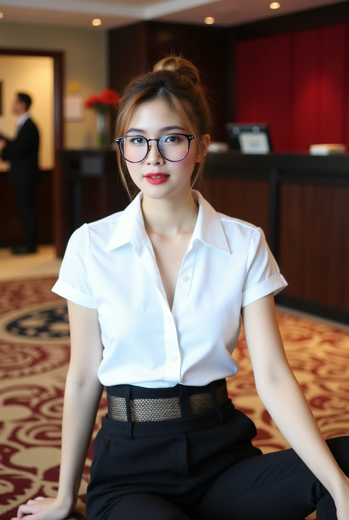 This is a high-resolution photograph of a woman named h3av3n seated indoors. She has fair skin and light brown hair styled in a loose updo. Her eyes are a striking blue, and she wears large, black-framed glasses that give her a studious appearance. She has a slender physique with a medium bust size. She is dressed in a white short-sleeved blouse slightly unbuttoned. The blouse is slightly tucked into her black high-waisted pants, which have a mesh pattern on the upper part, adding a touch of texture and intrigue. Her lips are painted a bold red, enhancing her natural beauty.

The background is softly blurred, suggesting a warm, well-lit indoor setting. The room features a mix of modern and classic decor, with a patterned carpet in shades of beige, red, and black, and a wall adorned with a deep red panel. In the background, there is a dark wooden counter with a few items, possibly a reception desk, and a person, likely a staff member, blurred out, adding depth to the scene. The overall ambiance is professional yet inviting. The lighting is warm and soft, creating a cozy atmosphere.