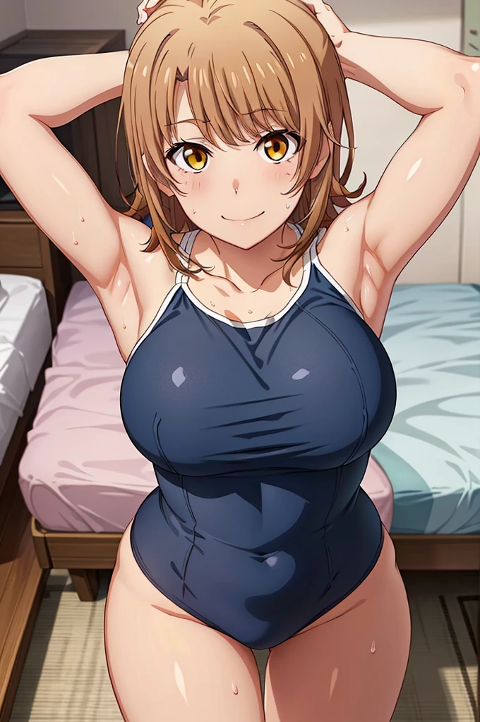 ((masterpiece, Best Quality,   High Resolution  ,  nfsd ,  Pixel Perfect ,   depth of field, 4K, )), One Girl, Alone, On,   beautiful anime girl  ,   beautiful art style,   middle breasted  ,   Stares at Viewers  ,   perfect body , (((Iroha Isshiki:1.3))), (Brown Hair:1.3),  shortcuts, smile ，smile, (Dark blue school swimsuit:1.3),    wear yours ,(Armpit:1.3)，(Armpit wrinkles:1.3)，Armpit sweat，Squat， facing the front， bedroom 【From the above】