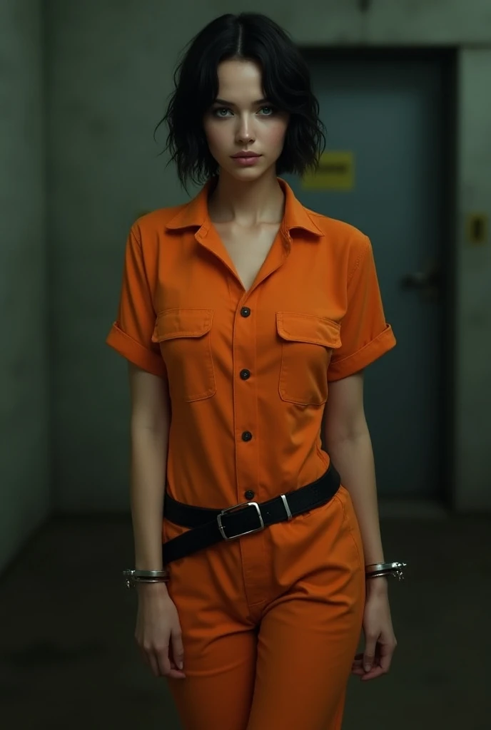 Transport Belt, handcuffs, prison clothes, orange jumpsuit, <lora:Realistic_Prison_Transport_Belt:.7>
 <lora:AsukaT7:.7>, asuka, brown eyes, short brown hair, looking at viewer, serious, angry, blush, standing, inside prison cell, dust, dark, high quality, masterpiece,