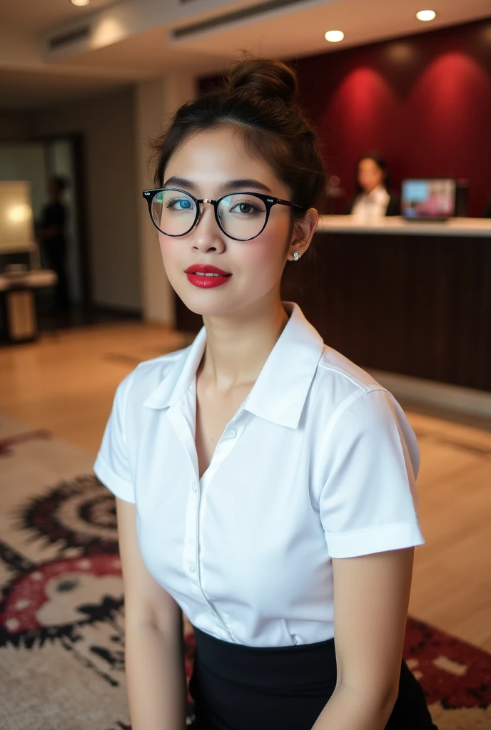 This is a high-resolution photograph of a woman named h3av3n seated indoors. She has olive skin and light brown hair styled in a loose updo. Her eyes are a striking blue, and she wears large, black-framed glasses that give her a studious appearance. She has a slender physique with a medium bust size. She is dressed in a white short-sleeved blouse,. The blouse is slightly tucked into her black high-waisted mini skirt. Her lips are painted a bold red, enhancing her natural beauty.

The background is softly blurred, suggesting a warm, well-lit indoor setting. The room features a mix of modern and classic decor, with a patterned carpet in shades of beige, red, and black, and a wall adorned with a deep red panel. In the background, there is a dark wooden counter with a few items, possibly a reception desk, and a person, likely a staff member, blurred out, adding depth to the scene. The overall ambiance is professional yet inviting. The lighting is warm and soft, creating a cozy atmosphere.