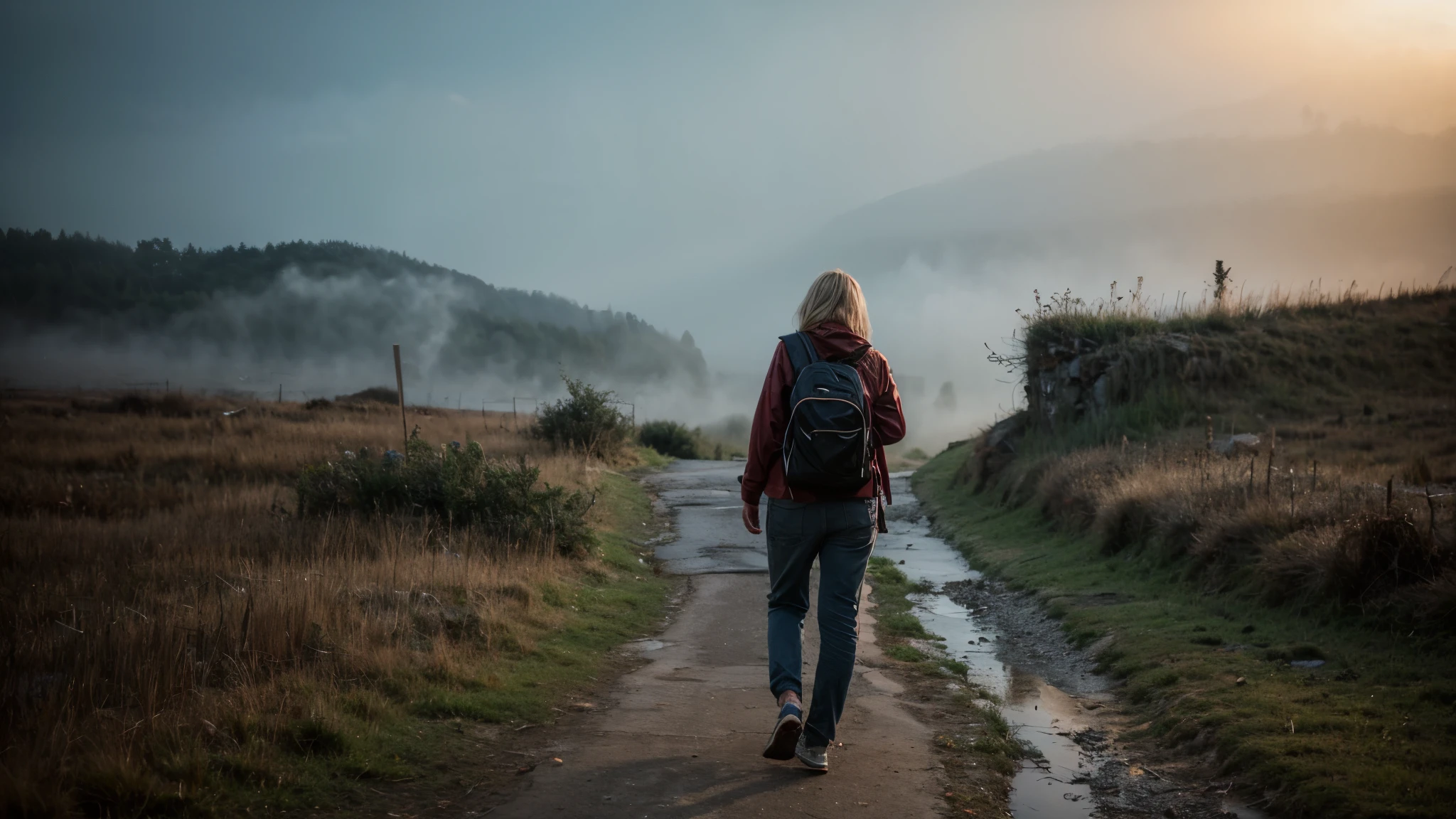 Typical tourist clothing, the backpack on the shoulders. (YES SFW), A genuine woman. [The character is surrounded by mist, evoking a mysterious and eerie atmosphere. The lighting is dark and atmospheric, with a red smoke adding a touch of sinister ambiance. The image is of the best quality, with a resolution of 4k and HDR enhancement, showcasing the utmost level of detail and realism, sfw, full body shot.]