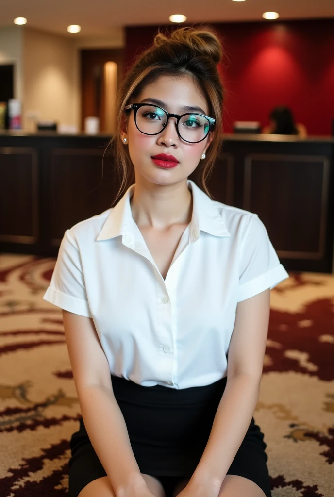 This is a high-resolution photograph of a woman named h3av3n seated indoors. She has olive skin and light brown hair styled in a loose updo. Her eyes are a striking blue, and she wears large, black-framed glasses that give her a studious appearance. She has a slender physique with a medium bust size. She is dressed in a white short-sleeved blouse,. The blouse is slightly tucked into her black high-waisted mini skirt, showing her nice legs. Her lips are painted a bold red, enhancing her natural beauty.

The background is softly blurred, suggesting a warm, well-lit indoor setting. The room features a mix of modern and classic decor, with a patterned carpet in shades of beige, red, and black, and a wall adorned with a deep red panel. In the background, there is a dark wooden counter with a few items, possibly a reception desk, and a person, likely a staff member, blurred out, adding depth to the scene. The overall ambiance is professional yet inviting. The lighting is warm and soft, creating a cozy atmosphere.