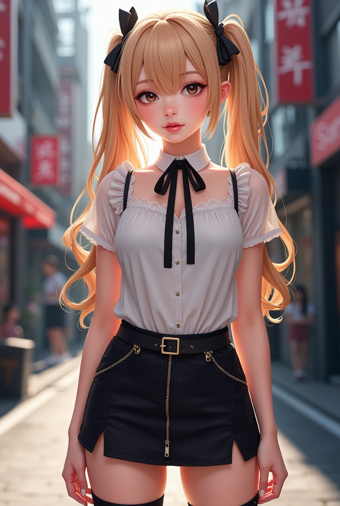 1girl, alone、gal ,(long twin tails),hair ribbon,Blonde,brown eye, (white blouse with lace,buckle suspension short skirt, zip side combat boots, black tie_ribbon,Red eyeshadow)
、masterpiece, Best Quality, figure, Super detailed, The finer details, High resolution, 8k,wallpaper, perfect dynamic structure,(Realistic depiction of eyes:1.3)、street, Mary D.