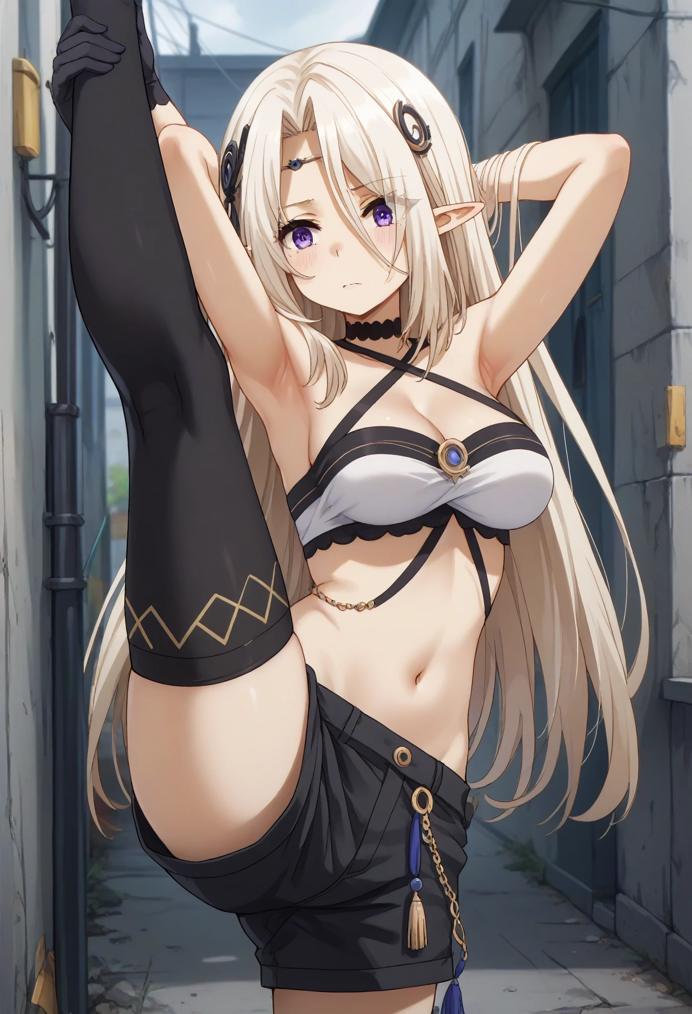 (((standing with split legs,embarrased))),beatrix, long hair, bangs, purple eyes, white hair, pointy ears, elf, sheath, eyes visible through hair, hair ornament, thighhighs, gloves, navel, shorts, choker, black gloves, short shorts, black shorts, cleavage, bare shoulders, halterneck, criss-cross halter,,arms behind head,
