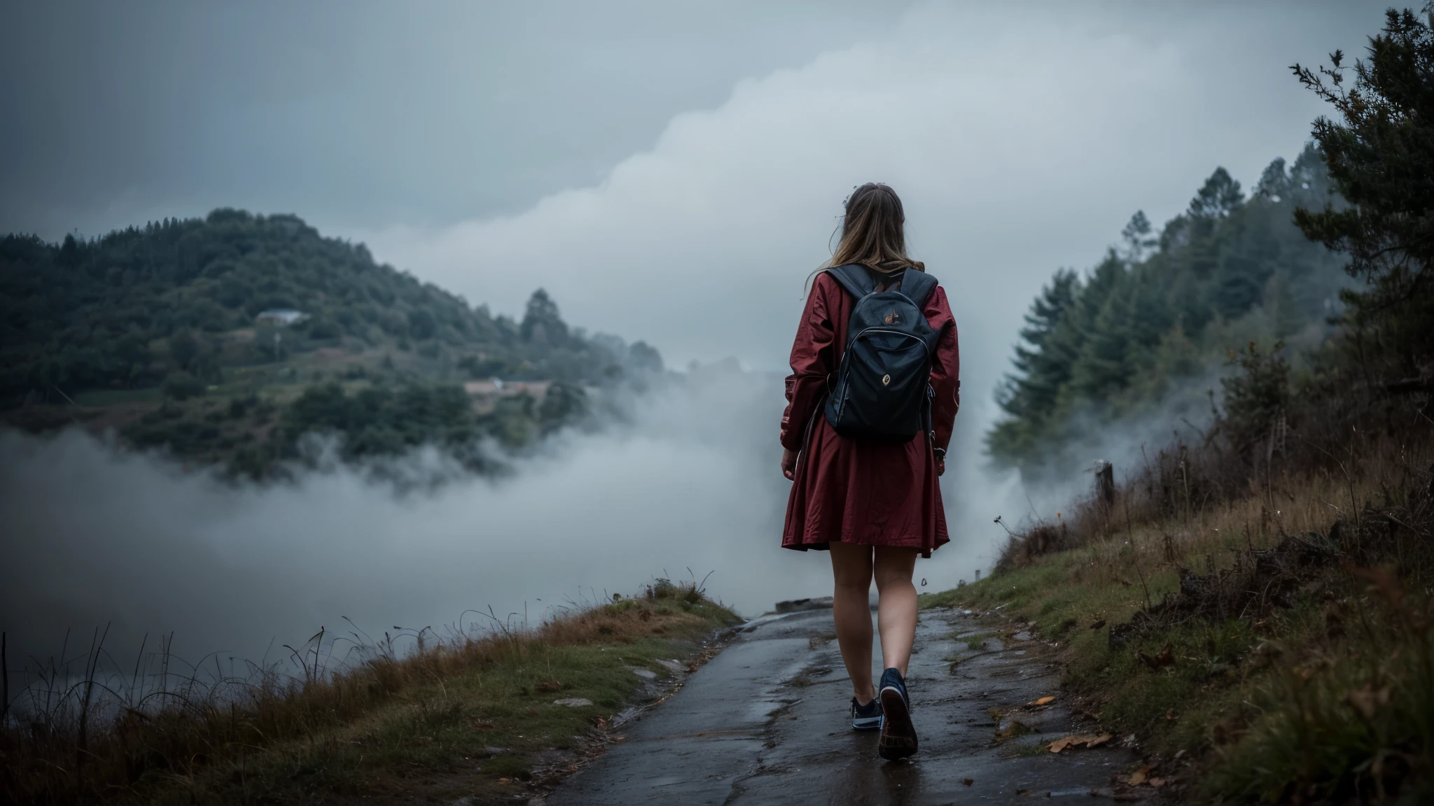 Typical tourist clothing, the backpack on the shoulders. (YES SFW), A genuine woman. [The character is surrounded by mist, evoking a mysterious and eerie atmosphere. The lighting is dark and atmospheric, with a red smoke adding a touch of sinister ambiance. The image is of the best quality, with a resolution of 4k and HDR enhancement, showcasing the utmost level of detail and realism, sfw, full body shot.]