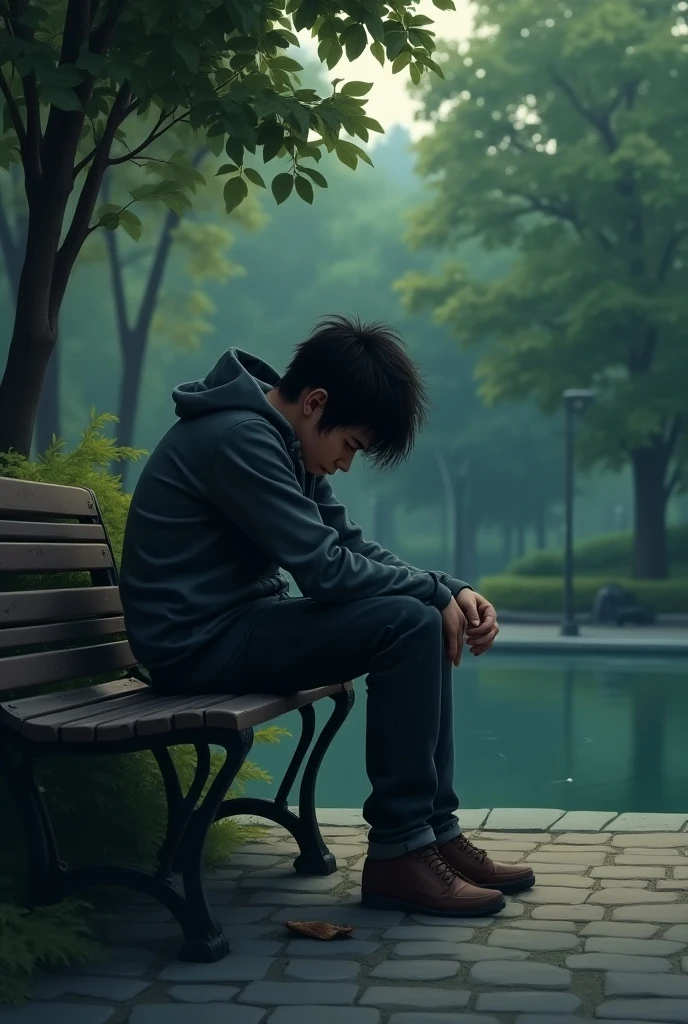 Sad boy site alone par rainy day