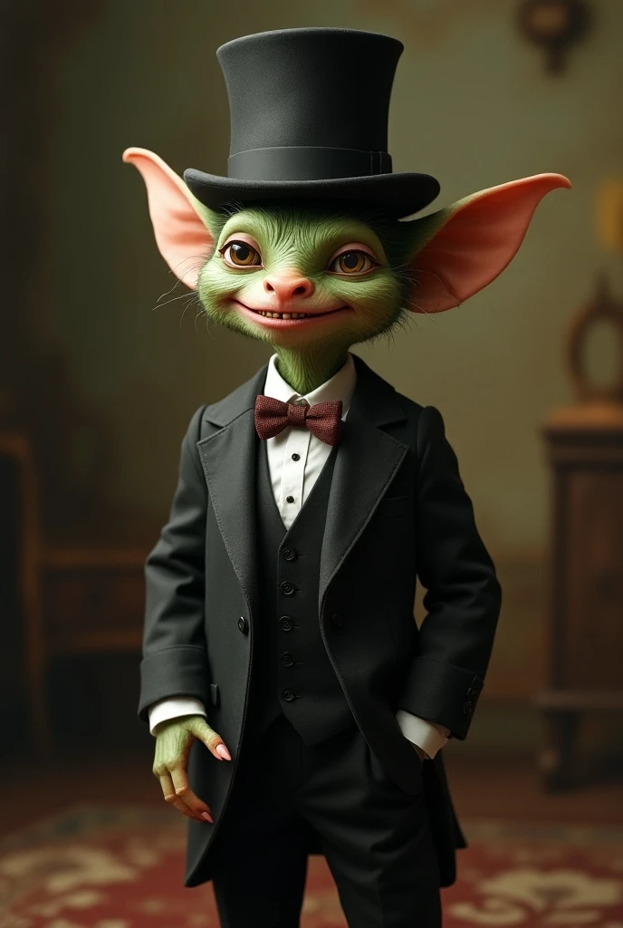 a goblin wearing a noble victorian man's outfit and top hat, standing in front of a bank vault, monicle, realistic