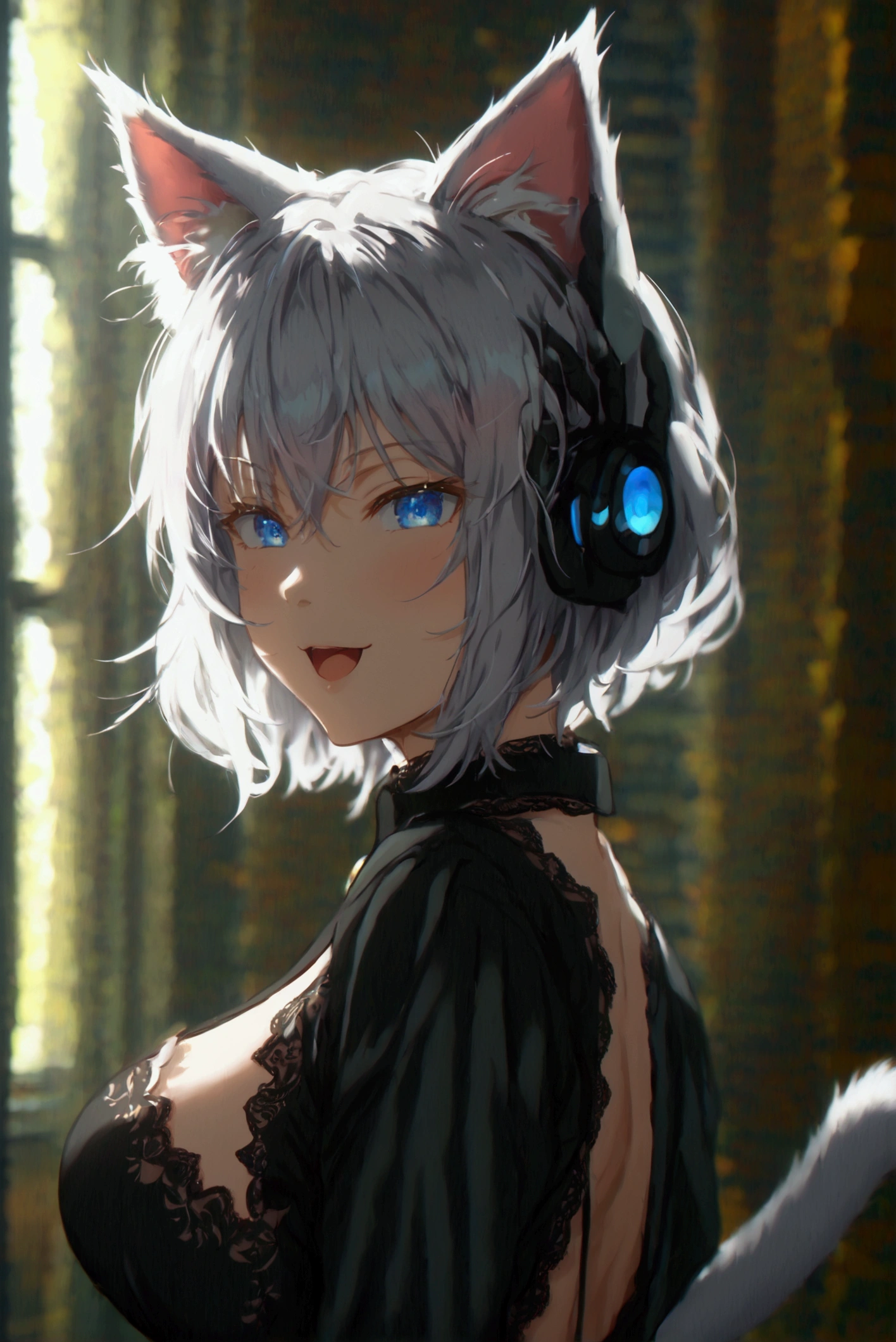 alisa, master piece, cute, cat ears, cat pose, gray hair, blue eyes, black blouse, convoy shot